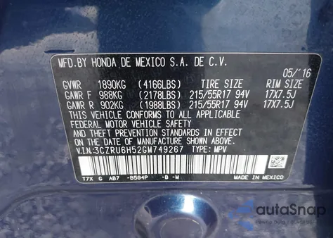 2016 Honda Hr-V Ex from USA, damaged, VIN 3CZRU6H52GM749267